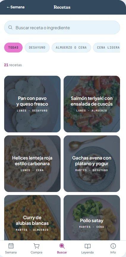 Pantalla de la app: el buscador de recetas con las recetas del mes en tarjetas con foto