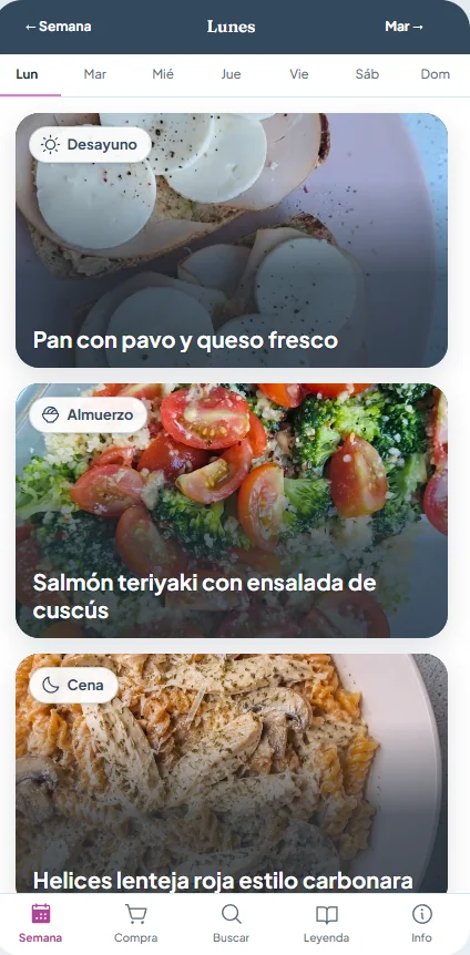 Pantalla de la app: el menú del lunes con desayuno, almuerzo y cena, cada uno con su foto